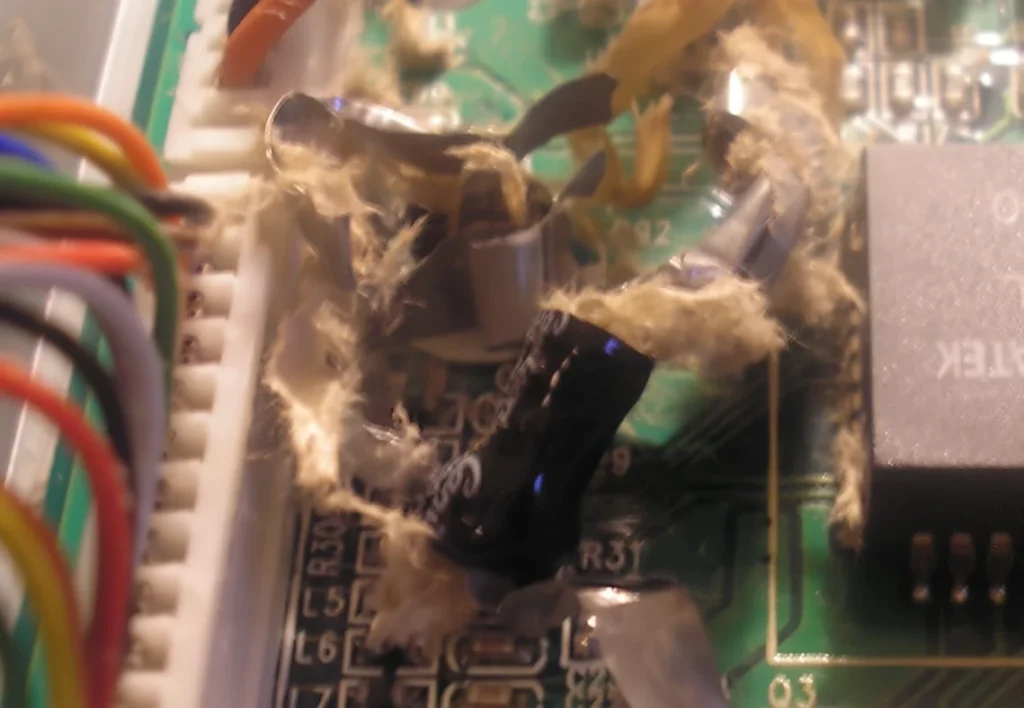 Condensador electrónico dañado de la fuente de un monitor